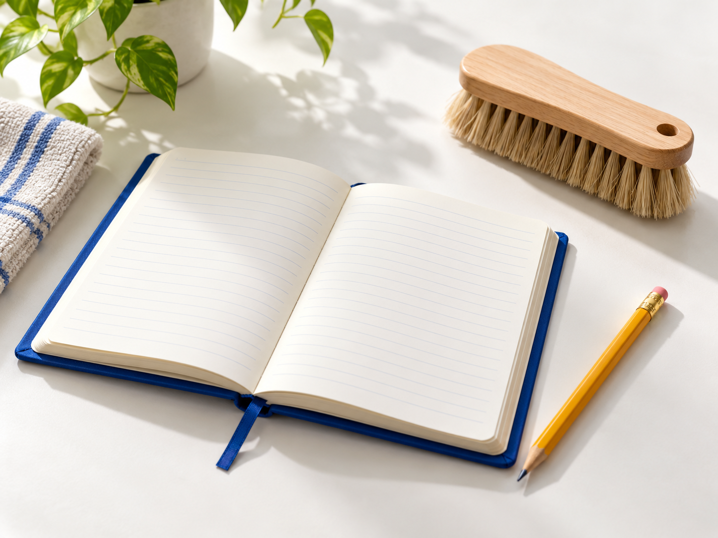 A blue notebook, pencil, and wooden cleaning brush arranged on a sunlit desk